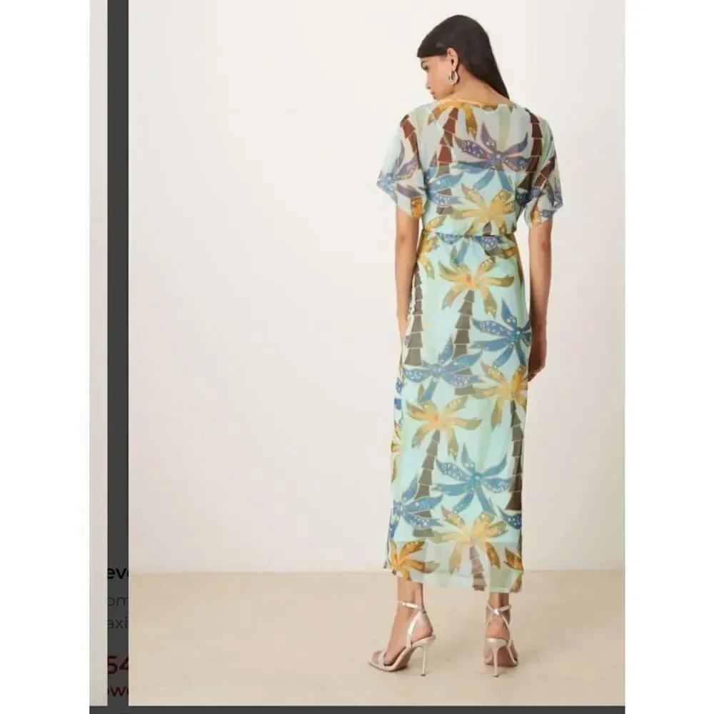 Never Fully Dressed Tilly off asymmetric mesh maxi dress in blue palm print New